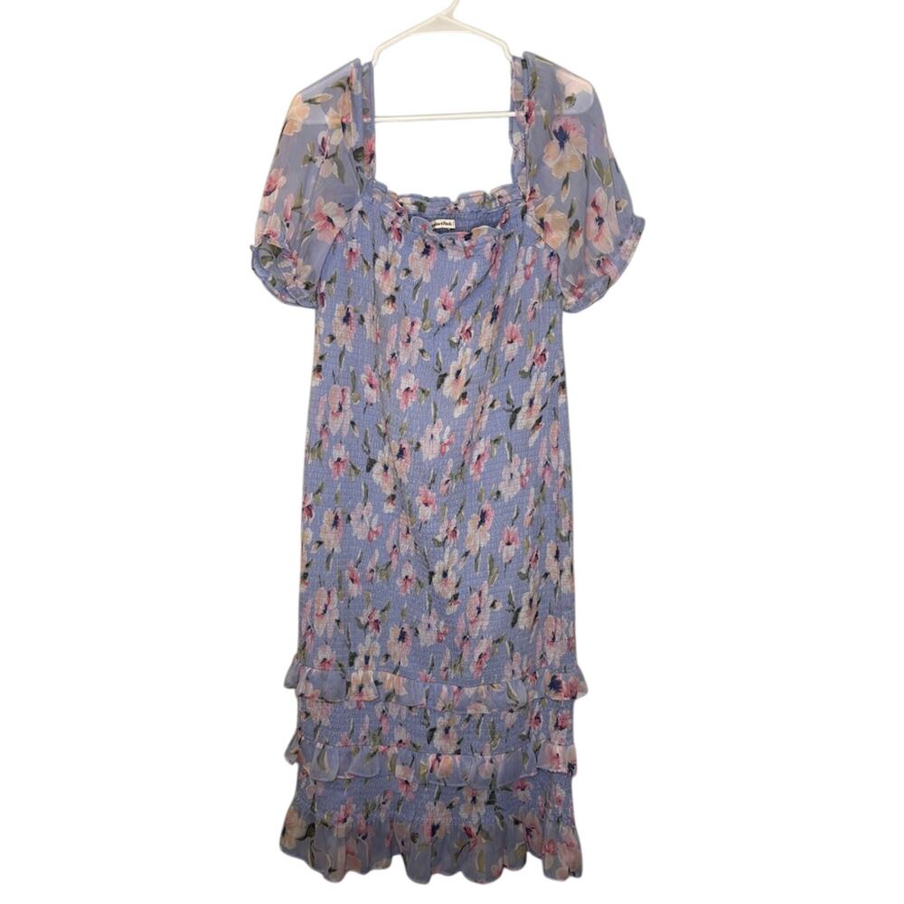 Abercrombie & Fitch Soft Blue Floral Smocked Bodycon Midi Dress Puff Sleeve XLT - Picture 3 of 8